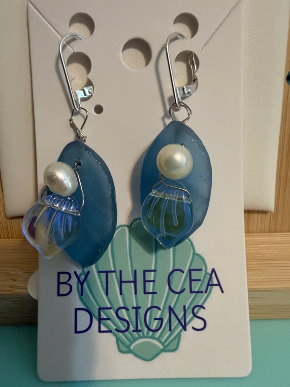 Blue Sea Glass Drop Earrings with Pearl Accent